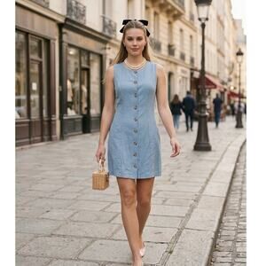 Monteau Los Angeles Mini Dress Linen Blend Button Front 90s Minimalist S